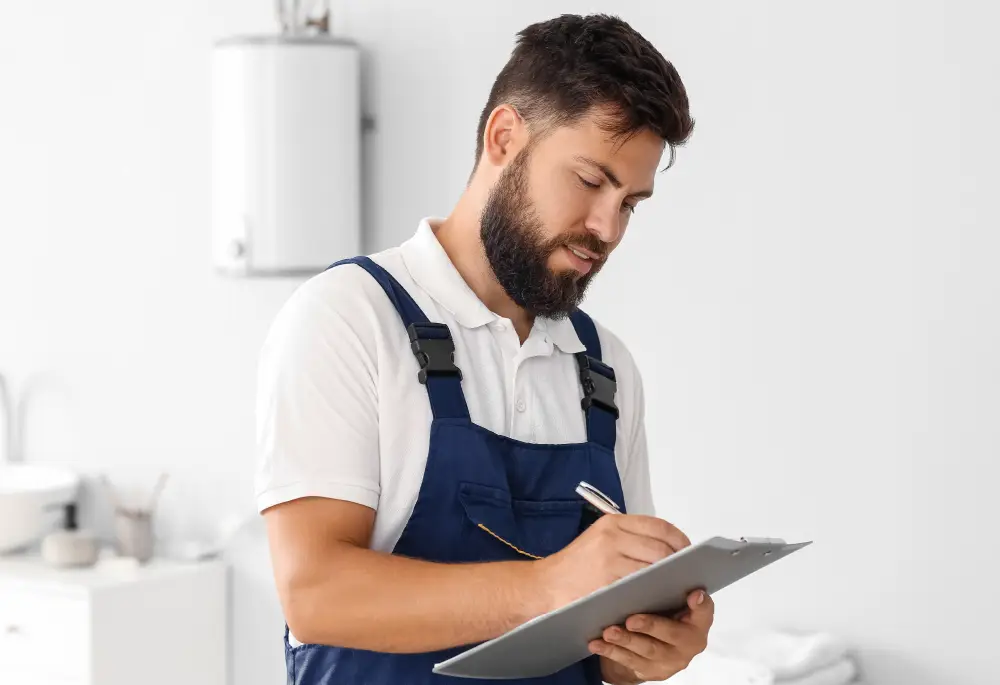 A heating engineer inspecting a gas boiler